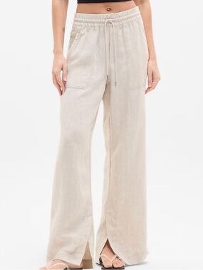 Athleta Linen Wide Leg Drawstring Linen-Blend Pants in Light Beige